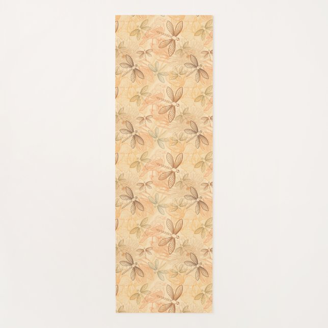 Line art dragonflies birds flowers peach pattern yoga mat (Front)