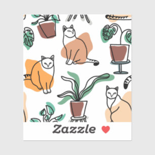 Line art drawing cats and flowers