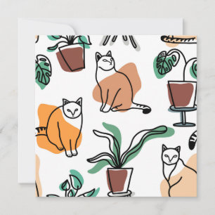 Line art drawing cats and flowers