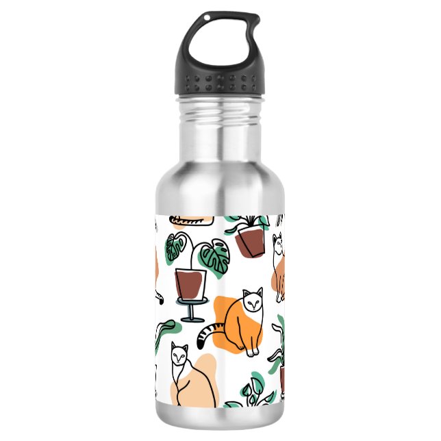 Line art drawing cats and flowers 532 ml water bottle (Front)