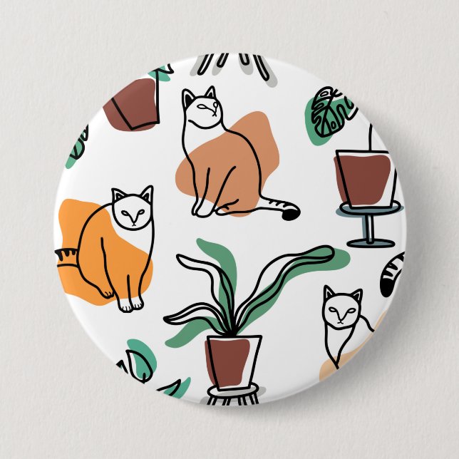 Line art drawing cats and flowers 7.5 cm round badge (Front)
