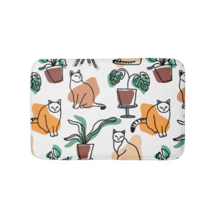 Line art drawing cats and flowers bath mat