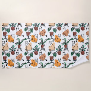 Line art drawing cats and flowers beach towel