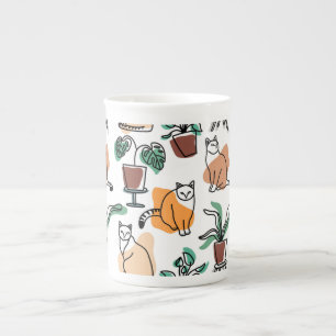 Line art drawing cats and flowers bone china mug