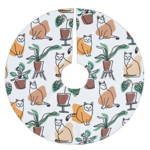 Line art drawing cats and flowers brushed polyester tree skirt