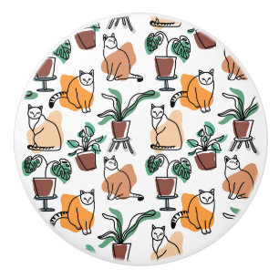 Line art drawing cats and flowers ceramic knob