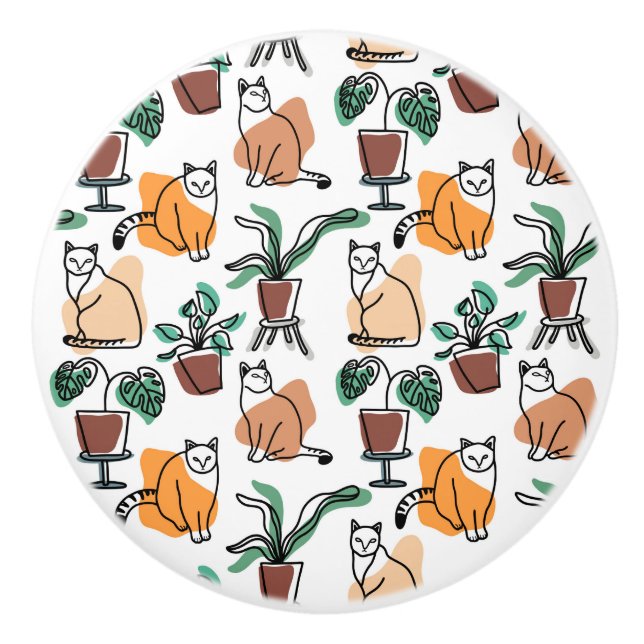 Line art drawing cats and flowers ceramic knob (Front)