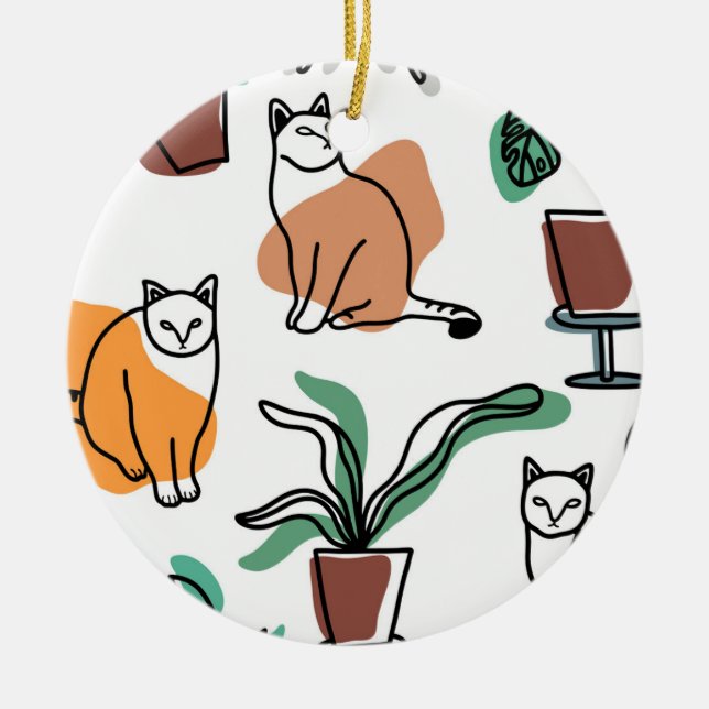 Line art drawing cats and flowers ceramic tree decoration (Front)