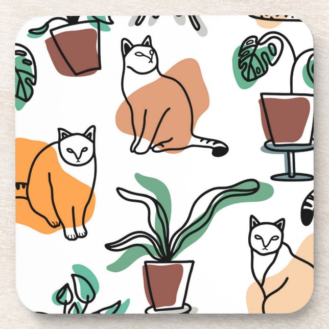 Line art drawing cats and flowers coaster (Front)