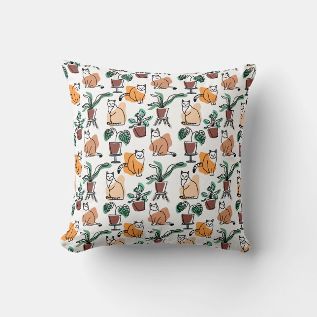 Line art drawing cats and flowers cushion (Front)