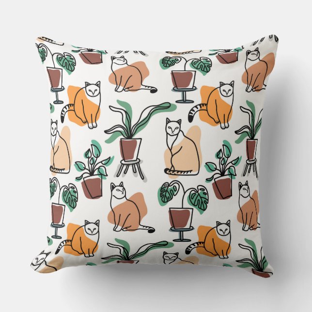 Line art drawing cats and flowers cushion (Front)