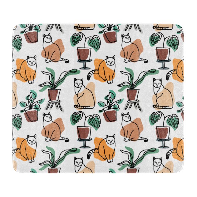 Line art drawing cats and flowers cutting board (Front)