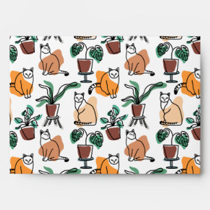 Line art drawing cats and flowers envelope