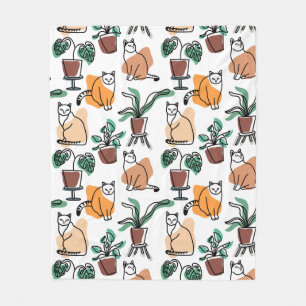 Line art drawing cats and flowers fleece blanket