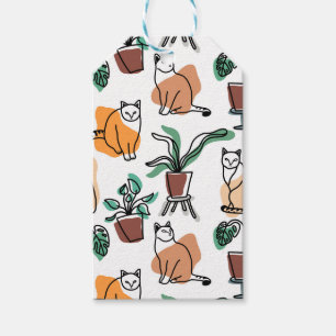 Line art drawing cats and flowers gift tags