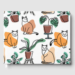 Line art drawing cats and flowers guest book