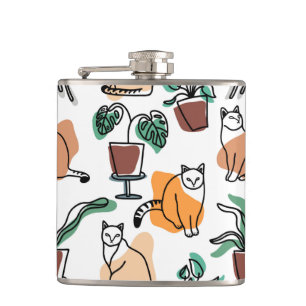 Line art drawing cats and flowers hip flask