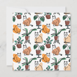 Line art drawing cats and flowers holiday card