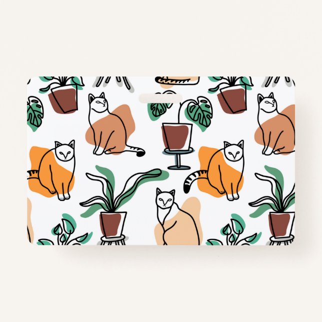 Line art drawing cats and flowers ID badge (Front)