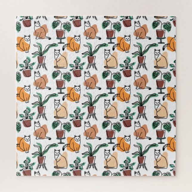 Line art drawing cats and flowers jigsaw puzzle (Vertical)