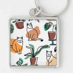 Line art drawing cats and flowers key ring