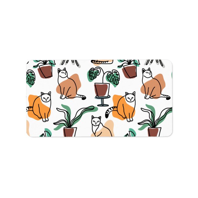 Line art drawing cats and flowers label (Front)