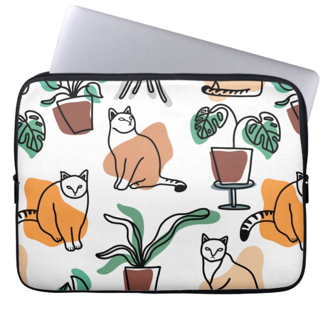 Line art drawing cats and flowers laptop sleeve (Front)