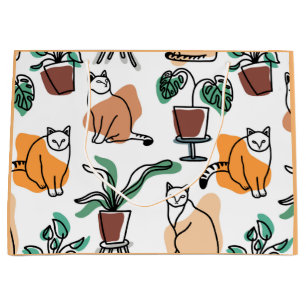 Line art drawing cats and flowers large gift bag