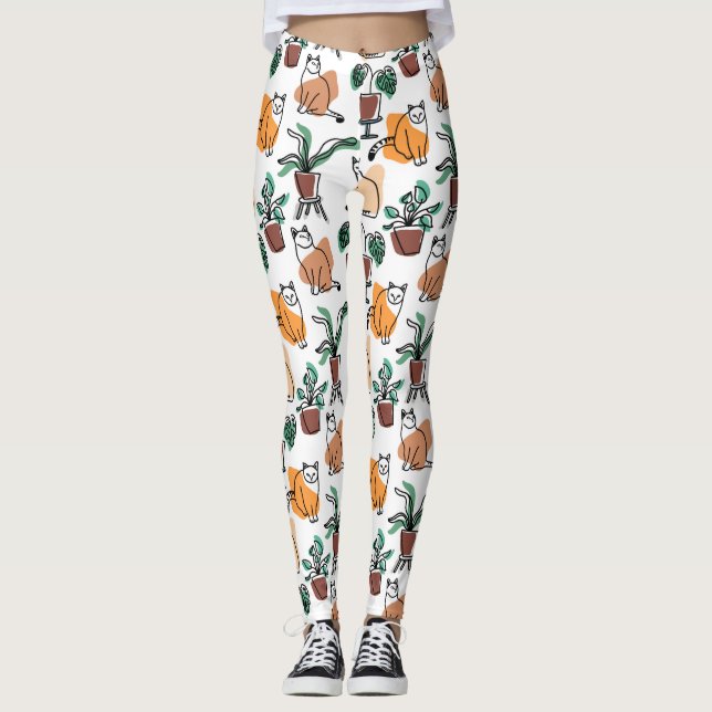 Line art drawing cats and flowers leggings (Front)