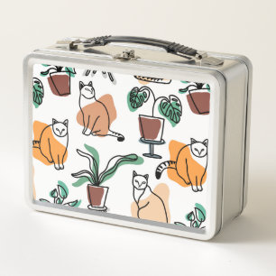 Line art drawing cats and flowers metal lunch box