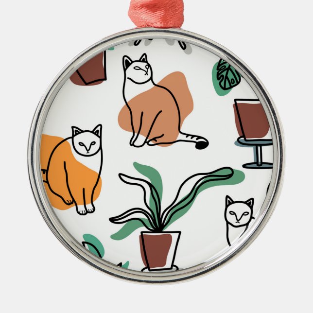 Line art drawing cats and flowers metal tree decoration (Front)