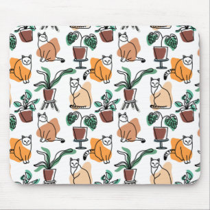 Line art drawing cats and flowers mouse mat