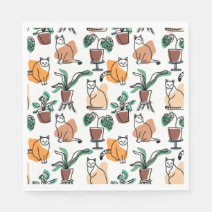 Line art drawing cats and flowers napkin