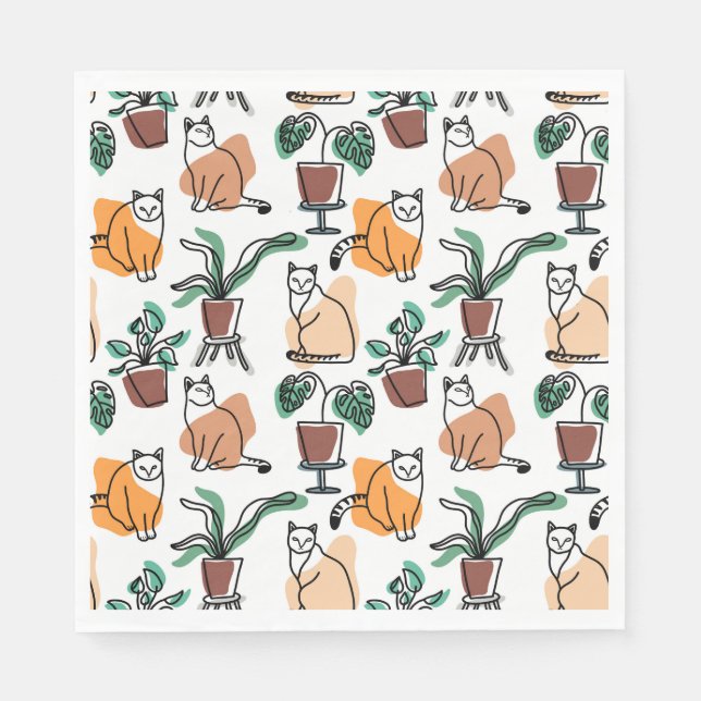 Line art drawing cats and flowers napkin (Front)