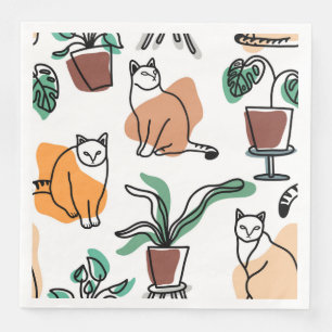 Line art drawing cats and flowers napkin