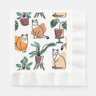 Line art drawing cats and flowers napkin