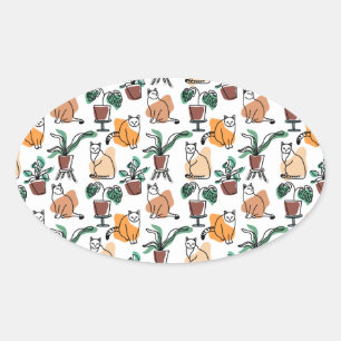Line art drawing cats and flowers oval sticker