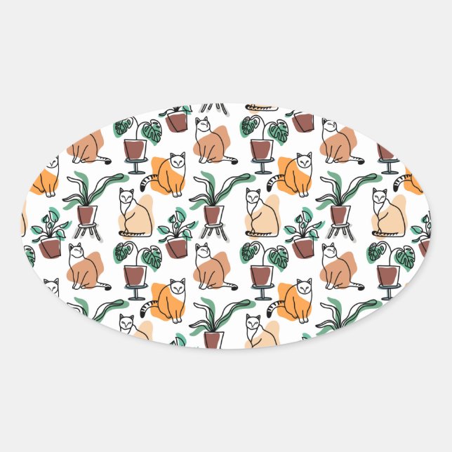 Line art drawing cats and flowers oval sticker (Front)