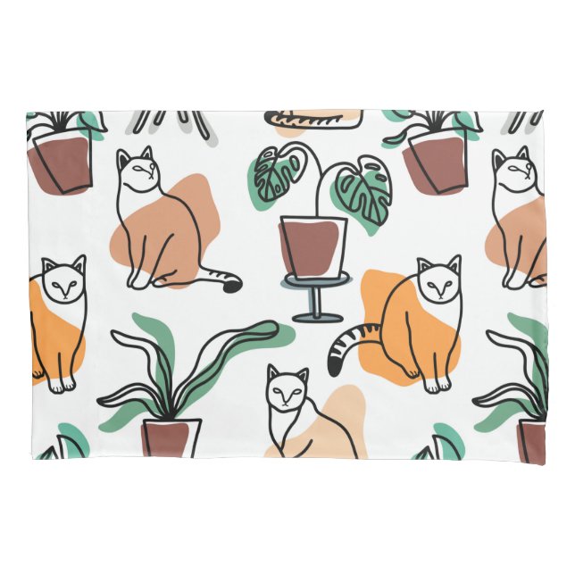 Line art drawing cats and flowers pillowcase (Front-Left)