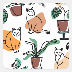 Line art drawing cats and flowers square sticker