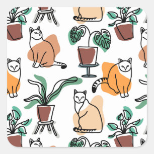 Line art drawing cats and flowers square sticker