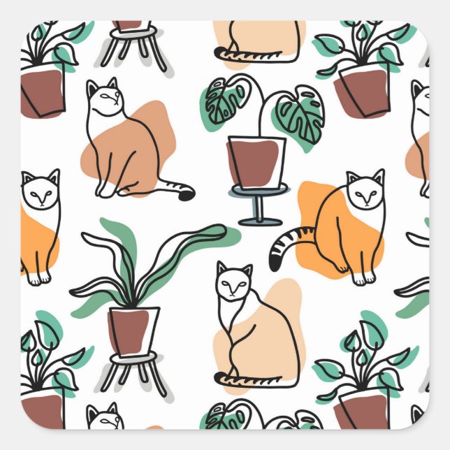 Line art drawing cats and flowers square sticker (Front)