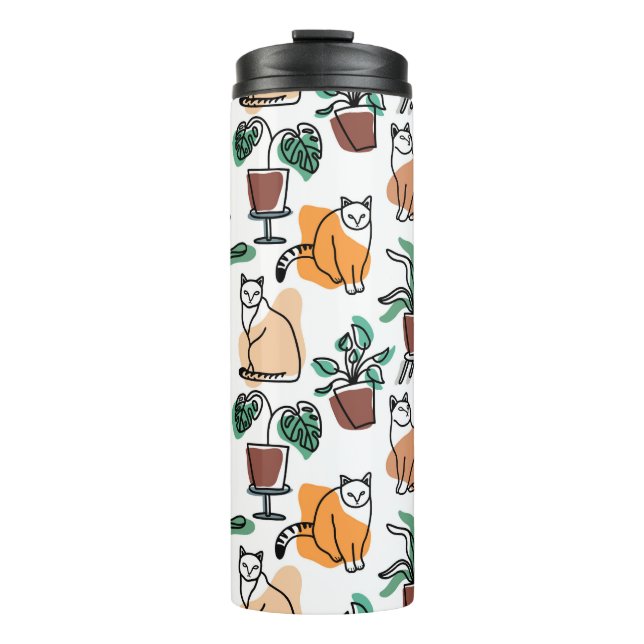 Line art drawing cats and flowers thermal tumbler (Front)