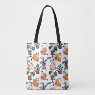 Line art drawing cats and flowers tote bag