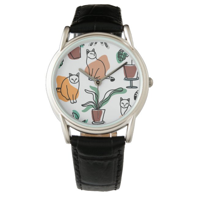 Line art drawing cats and flowers watch (Front)