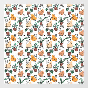 Line art drawing cats and flowers window cling