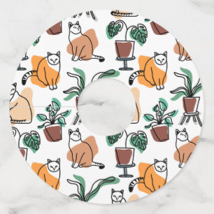 Line art drawing cats and flowers wine glass tag