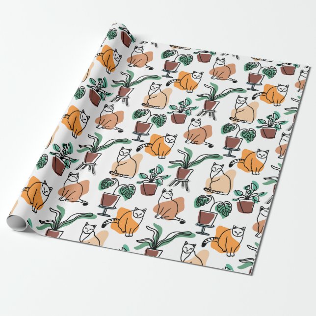 Line art drawing cats and flowers wrapping paper (Unrolled)