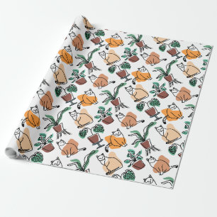 Line art drawing cats and flowers wrapping paper