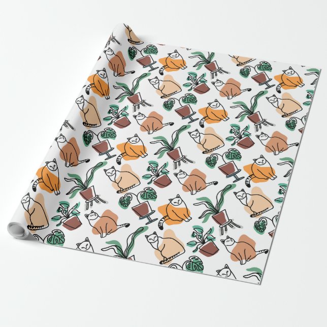 Line art drawing cats and flowers wrapping paper (Unrolled)